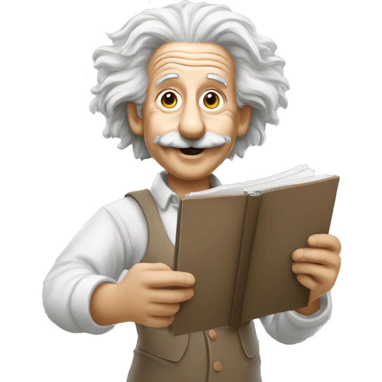 happy albert einstein holding blank notebook in one hand emoji