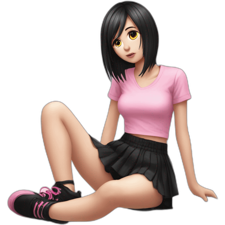 full body Front view emo girl sits on the floor black skirt pink knickers emoji