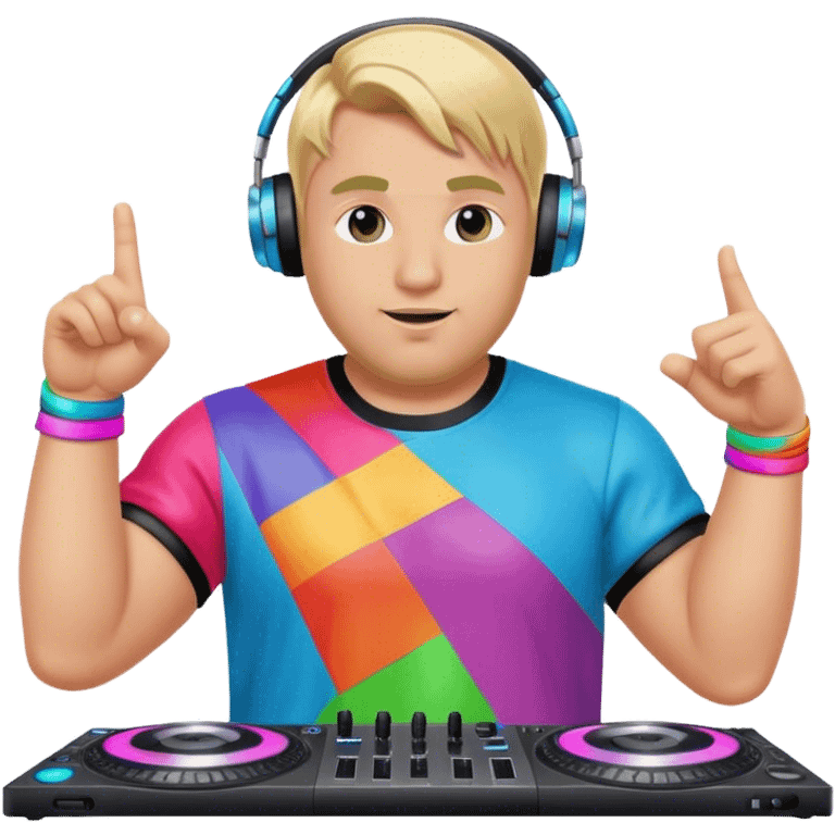 blond big man in colorful dj outfit pointing next to him emoji