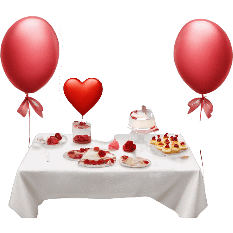 Red romantic party setting for two people and heart balloon  table with white cloth and candle with bows on the table and white Korean cake with black bows  emoji