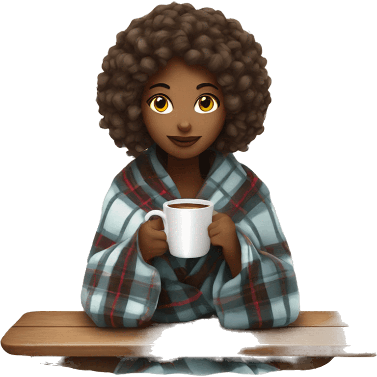 Beautiful girl wrapped in cozy plaid blanket drinking coffee emoji