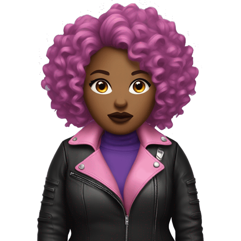 Edgy Plus size black woman with very short pink curly hair and a purple leather biker jacket with makeup on face. emoji