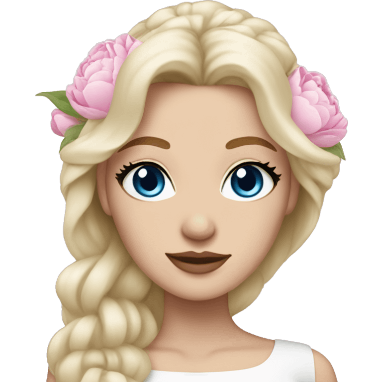 White bride with long light blonde hair and blue eyes with light pink peonies in hair white skin  emoji