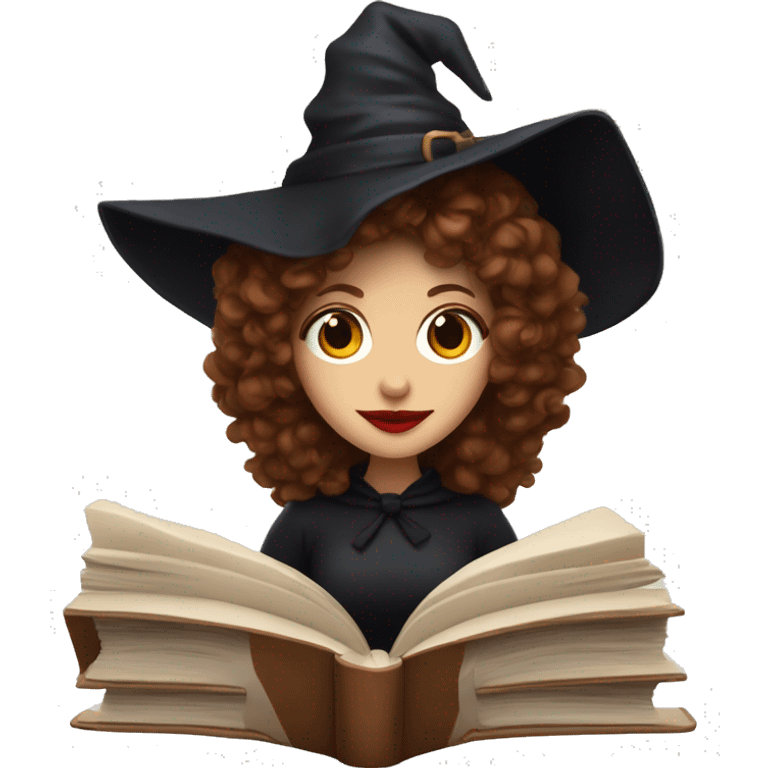 a witch with red lips, brown curly hair to the shoulders reading a book emoji