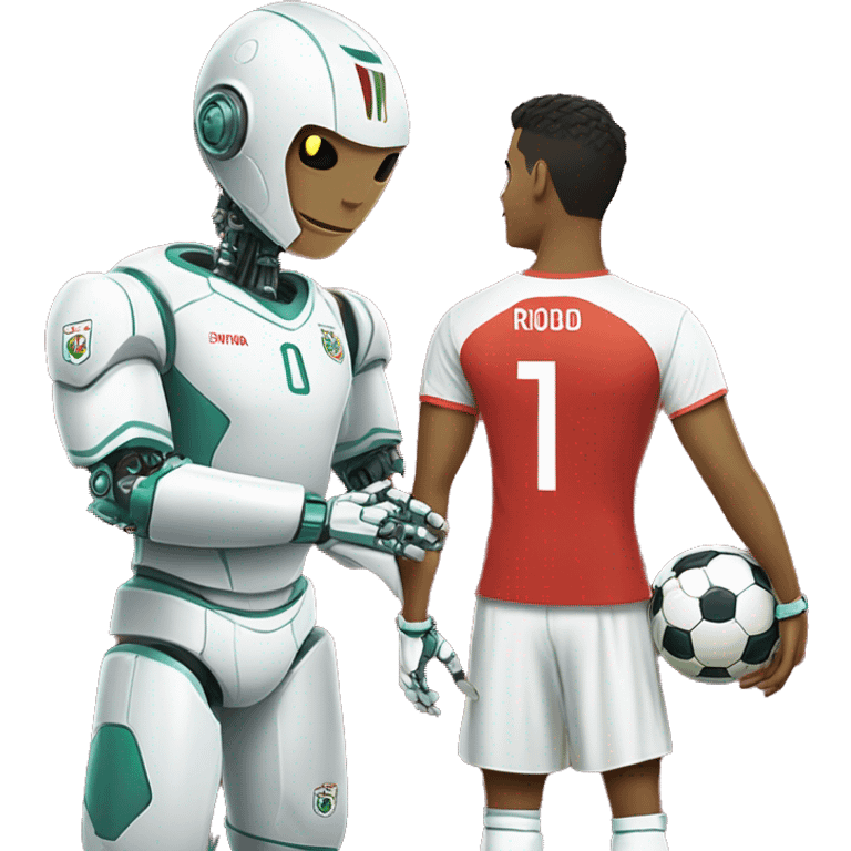 football player Ronaldo in a Portuguese national team T-shirt and next to him a robot shakes his hand emoji