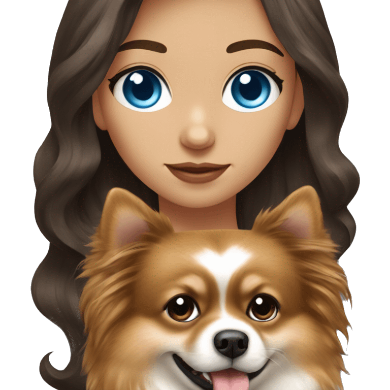 brunette long wavy hair girl blue eyes with Pomeranian emoji