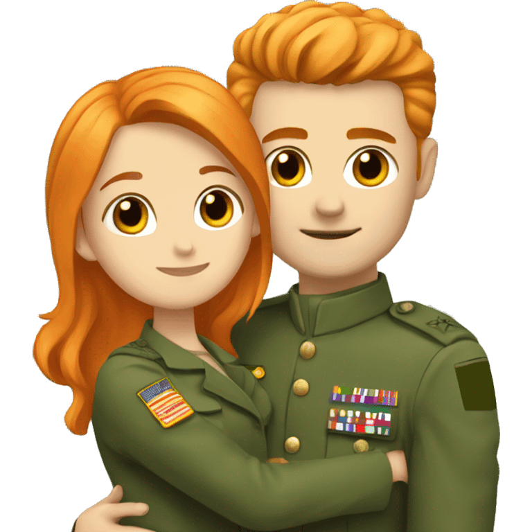 a orange hair girl hugs, a dark haired white man in a green military uniform emoji