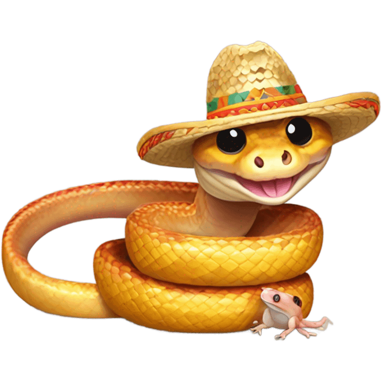 Cute happy cornsnake wearing a sombrero eating a mouse emoji