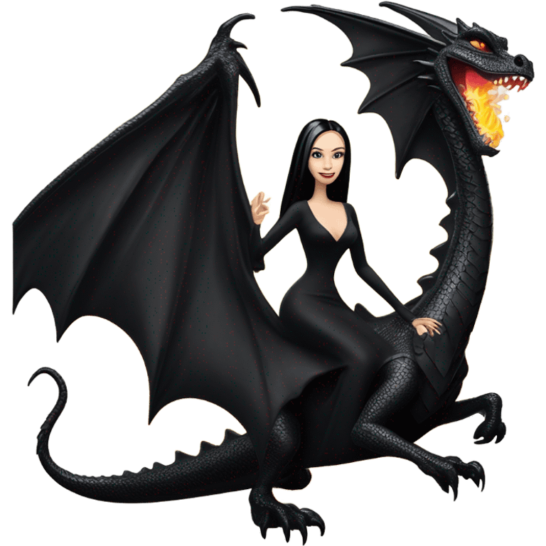 empowered beautifully dressed teen Morticia Addams Malibu Beach Barbie Jedi flying/riding on the back of a very large black shiny evil-looking fire-spewing horned dragon. proper scale emoji