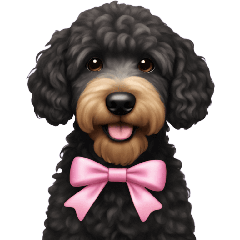 A black golden doodle with a coquette bow emoji