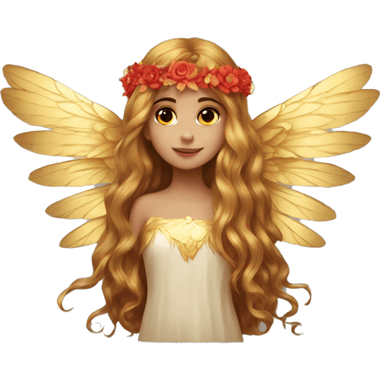 big wings, flower, Beautiful, fairy, gold,red, long hair emoji