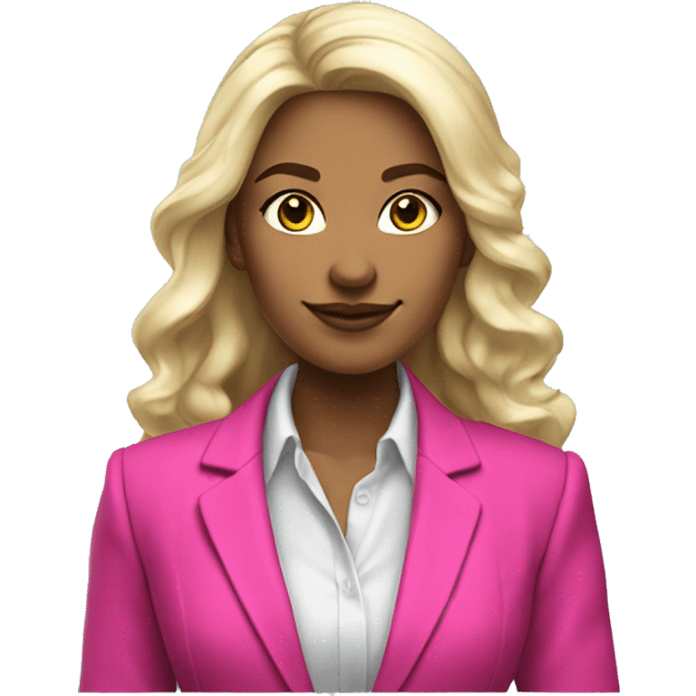 a 25 years old business woman in finance with long curled platinum blonde hair wearing hot pink blazer emoji