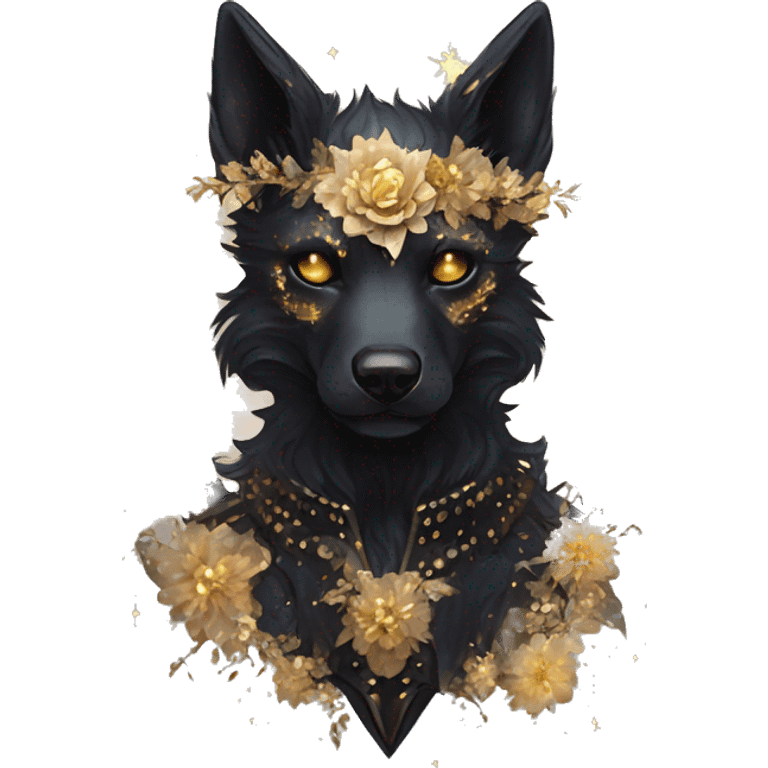 Black iridescent fluffy dog fox head zombie skeleton gold mechanical nebula galaxy stars flowers fairy lights vintage emoji