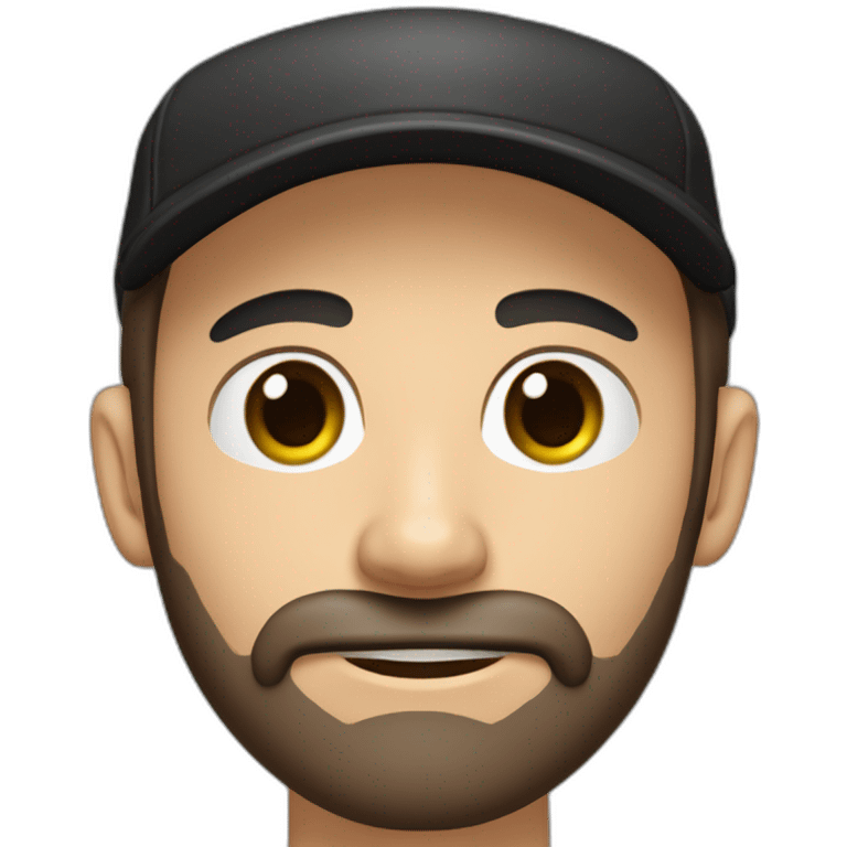 Man, thin face, dark brown beard, 10cm long, up to the nose, protruding ears, green eyes, beginning of unibrow, wearing black and red cap. emoji