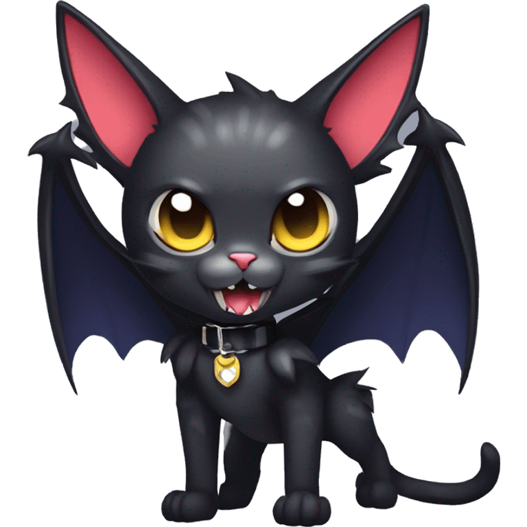  cool edgy kawaii dark-themed animal vampiric cat-hybrid Fakemon with fangs and bat-wing-ears with a collar full body emoji