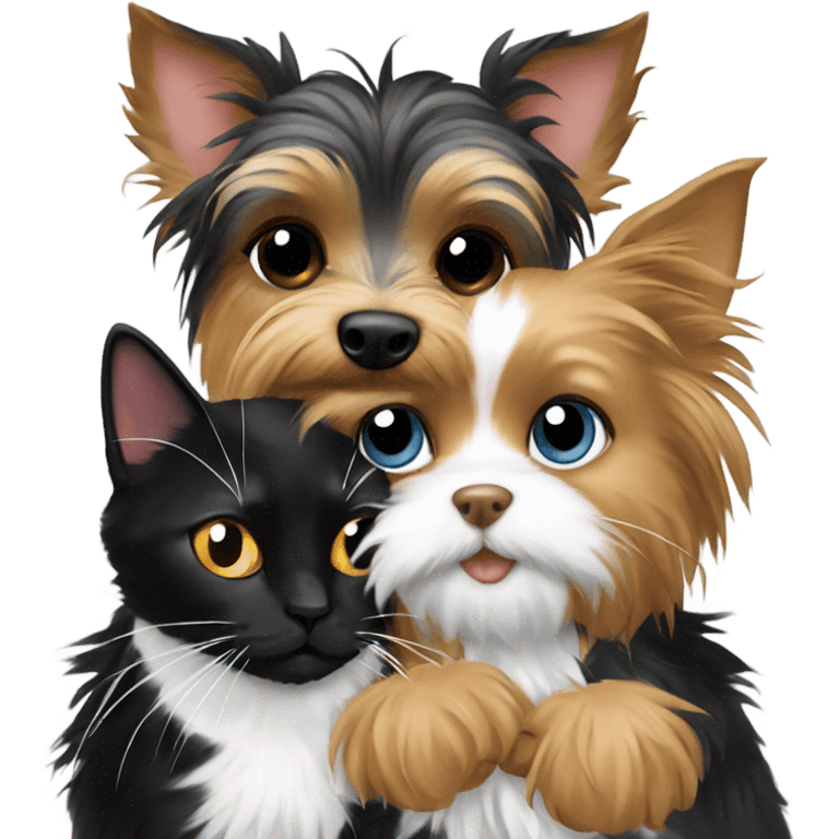 Yorkie hugging a black and white cat  emoji