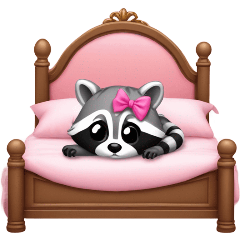 princess style bed with sleeping cute racoon wearing pink bow on head in it emoji