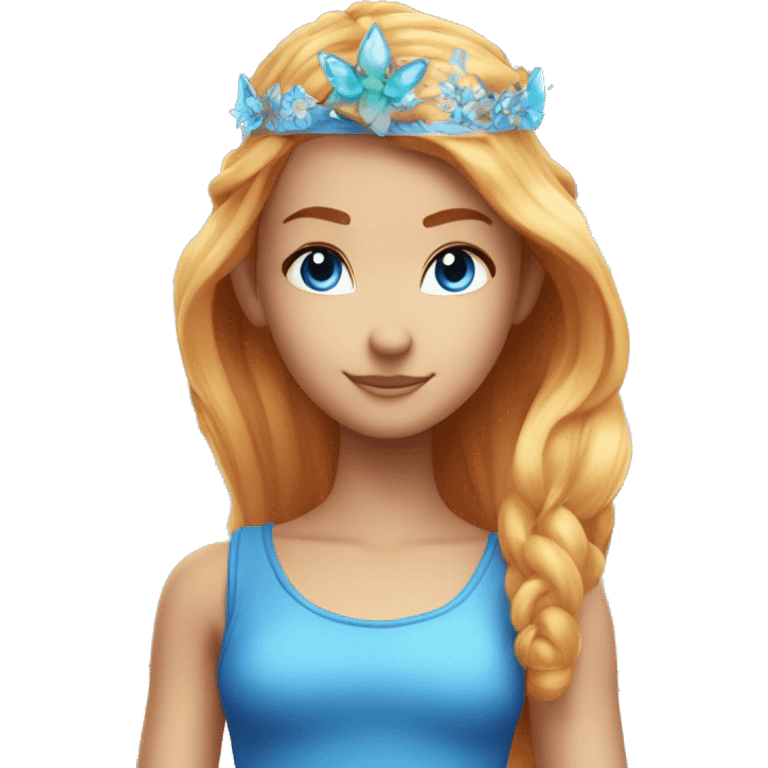 bloom winx fairy with rad hair and blue eyes and in blue shirt with wings and crown emoji