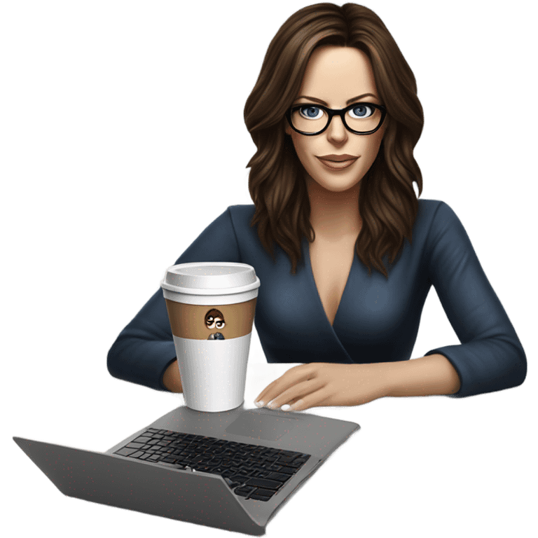 Hyper Realistic Kate Beckinsale dark blue eyes wearing glasses drinking coffee at a laptop  emoji