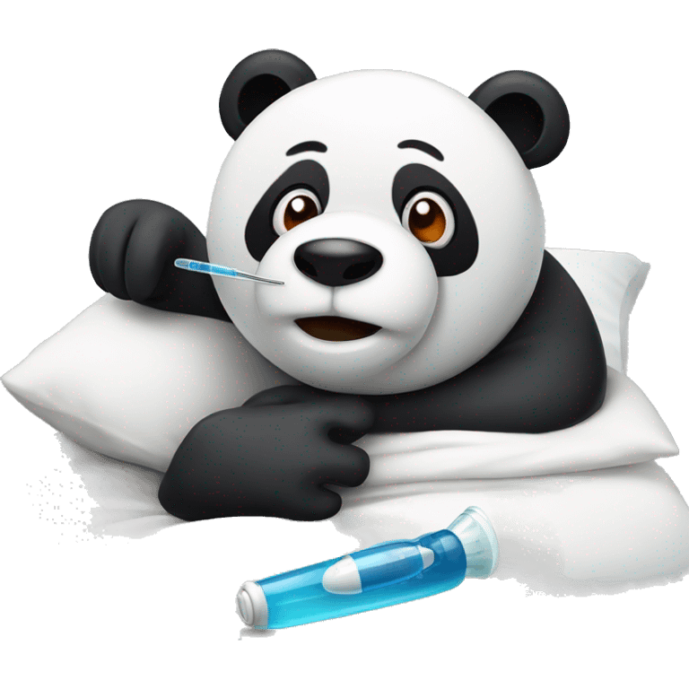 Ill Panda with fever Thermometer in mouth laying in bed emoji