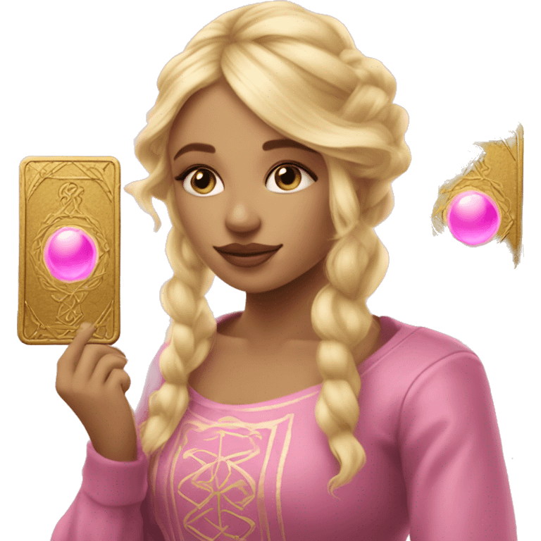 Blonde beautiful girl with pink pink tarot gold cards emoji