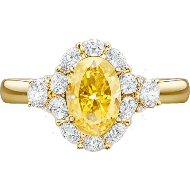 “Yellow oval diamond ring with a white diamond halo on a gold band, elegant and detailed.” emoji