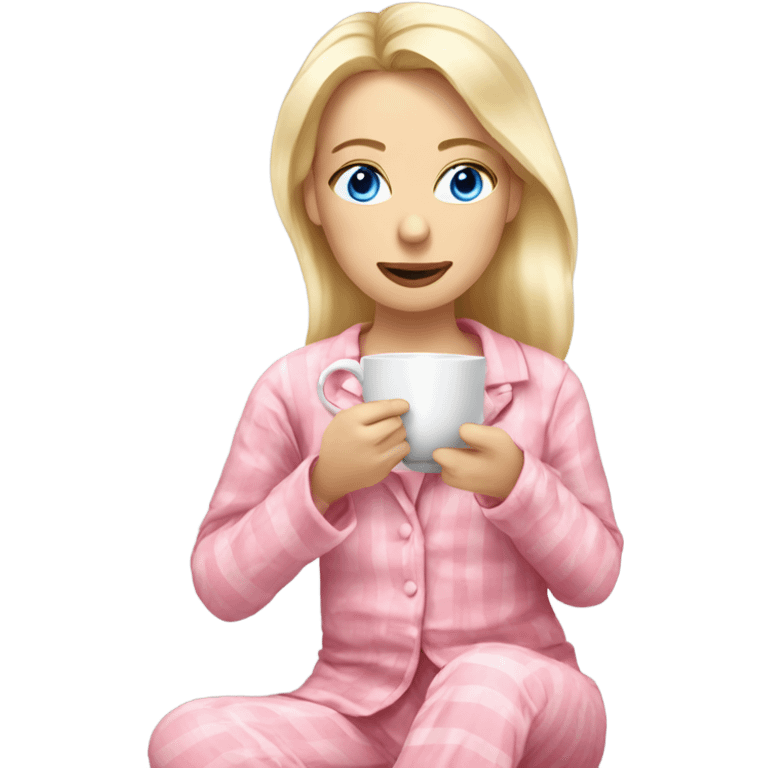 Blonde woman with blue eyes in pink pyjamas drinking tea legs crossed emoji