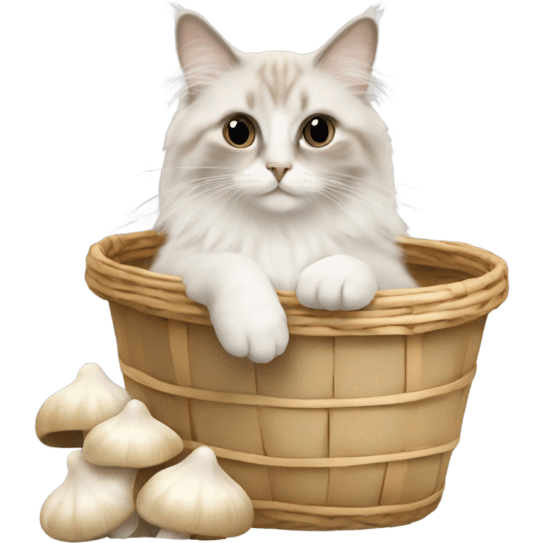 Beige Ragdoll cat with a basket of white mushrooms  emoji