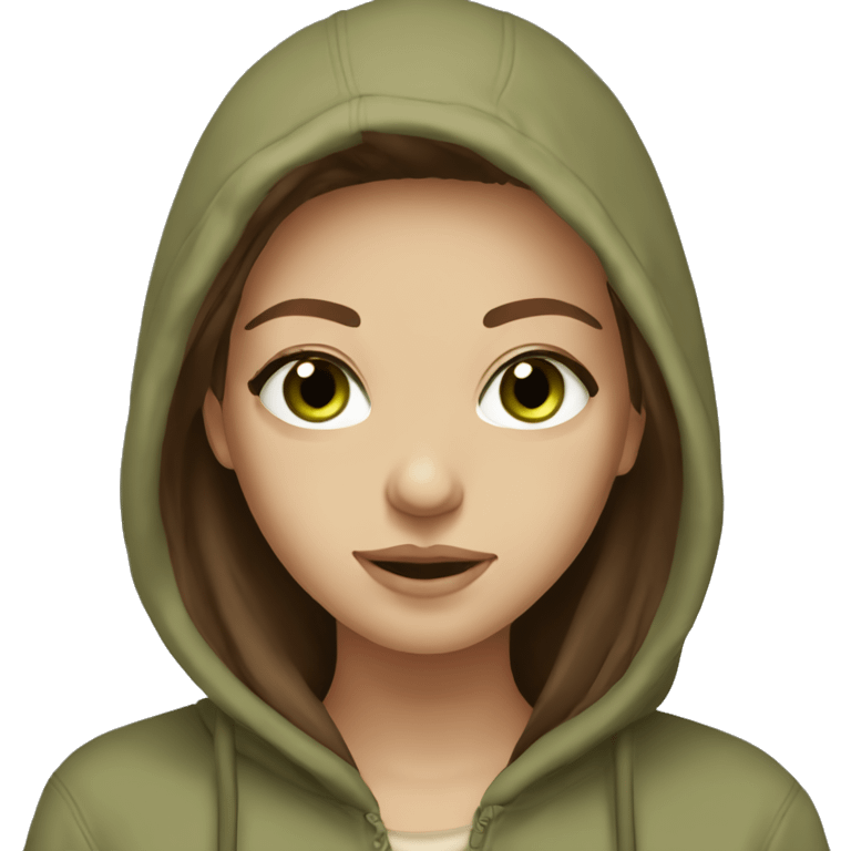 Beautiful girl with long brown hair green eyes and in beige hoodie  emoji