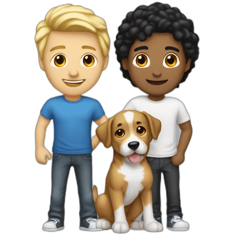 gay-couple,-1-guy-latino-black-straight-black-hair-and-1-australian-white-guy-with-blonde-slightly-curly-hair-holding-a-dog emoji