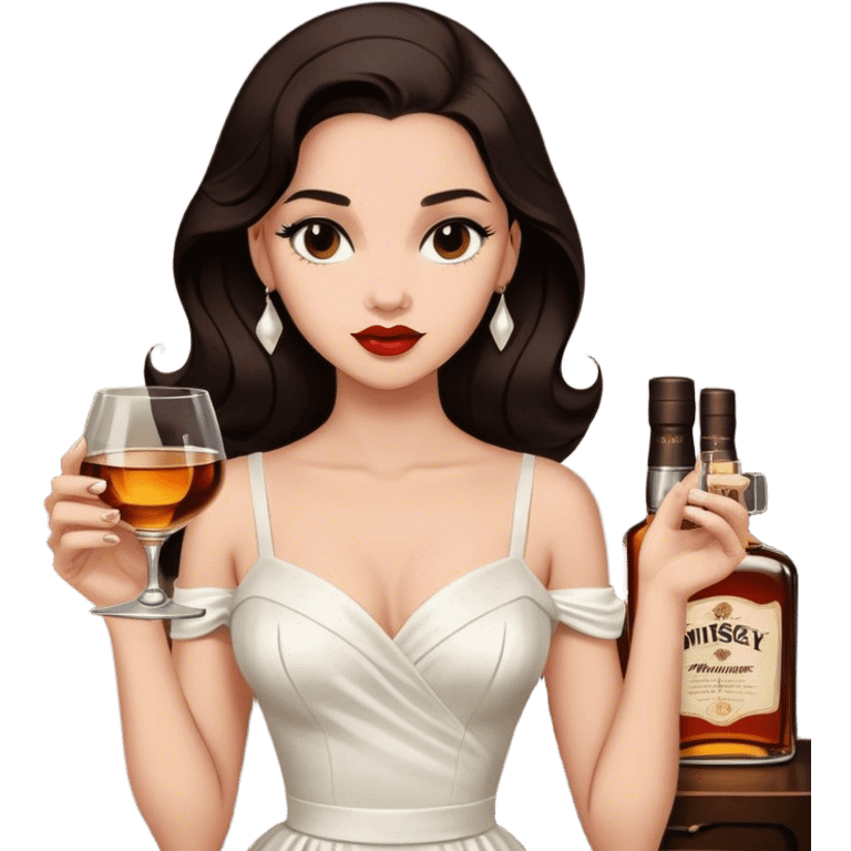 Beautiful woman in 1950’s woman fashion look, white dress, long dark brown hair, whisky with ice emoji