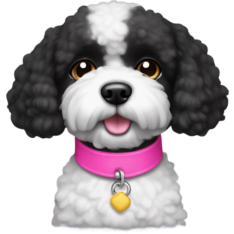 Black bichon dog with a pink collar emoji