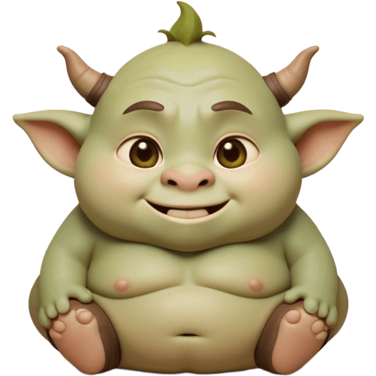 Cinematic Cute Ogre Portrait Emoji, with a surprisingly endearing, plump and huggable figure in soft earthy greens and browns, featuring big, kind eyes and a bashful smile, simplified yet irresistibly adorable, highly detailed with a soft glowing outline that captures the charm of a friendly giant who seems ready for a warm hug! emoji