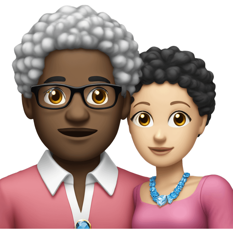 “black man with black afro and glasses and wearing a red shirt standing next to a white woman with blonde hair with blue eyes wearing a pink dress and a big diamond necklace” emoji