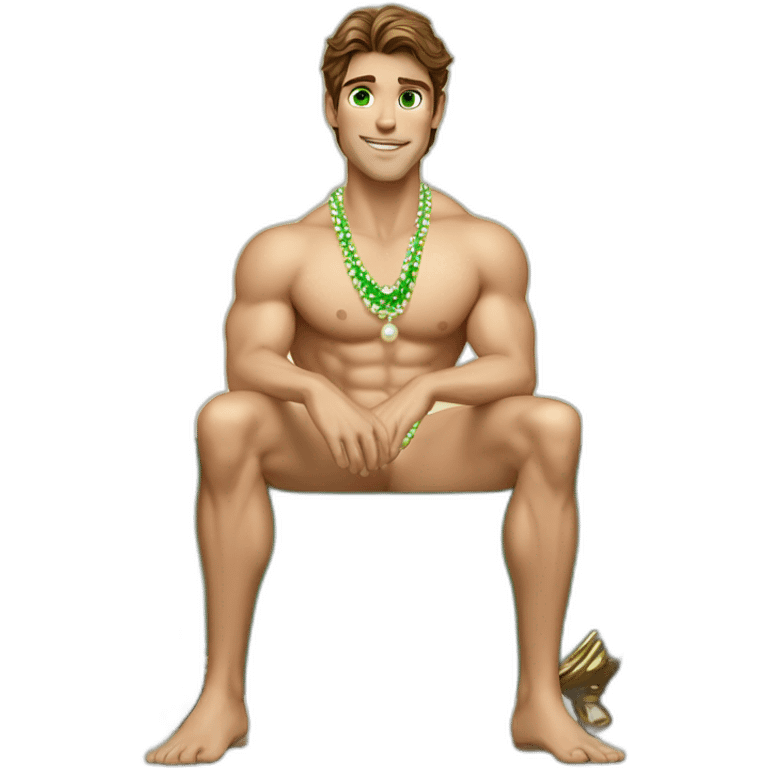 Posh-muscle-boy-brown-hair-green-eyes-pearl-necklace-in-golden-bathtub-legs emoji