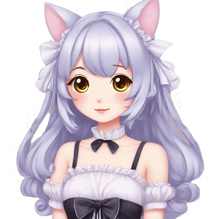 Gorgeous anime style catgirl with blushing face with maid outfit laces gothic Lolita idol model kawaiicore pastelcore cottagecore pearly petite simplistic aesthetic trending style emoji