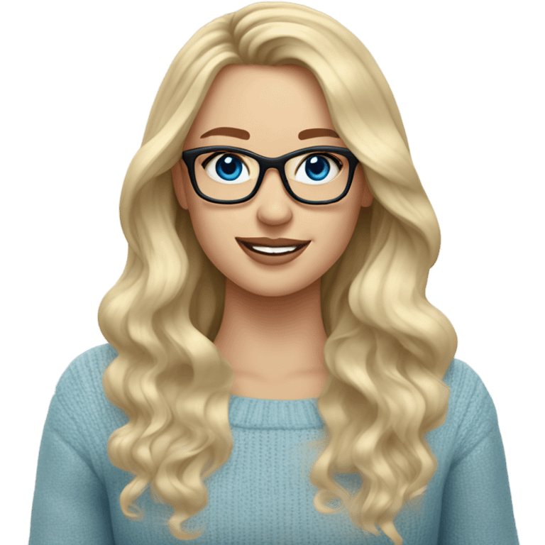 Blonde balayage long hair white women sweater blue eyes and small glasses holding cell phone  emoji