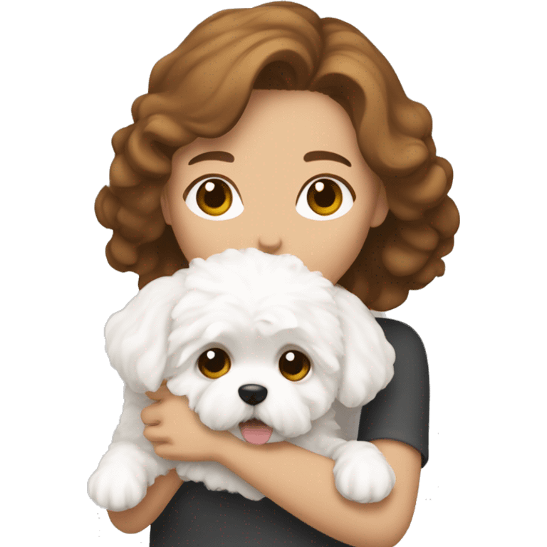 a brown-haired woman hugging white maltipoo emoji