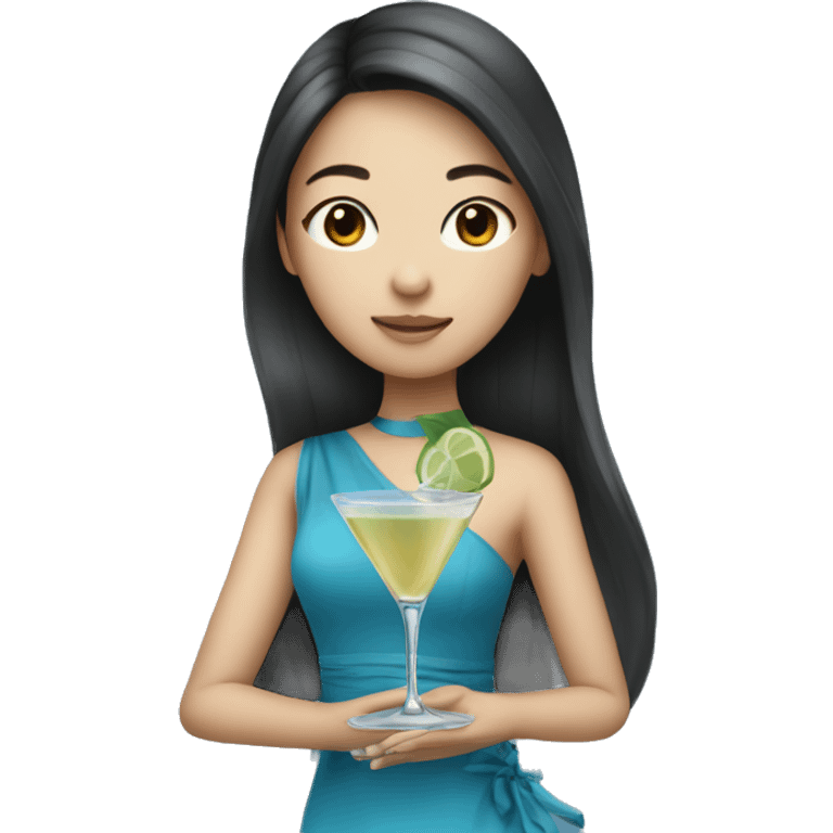 Pretty Asian girl with long hair wearing blue dress drinking martini emoji