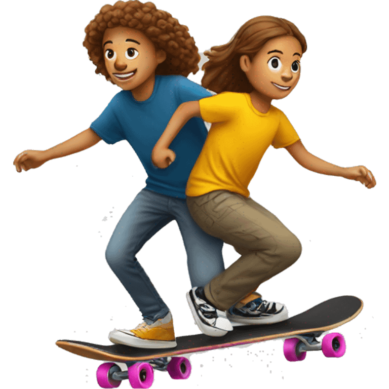 A young person on a skateboard is pushed by another emoji