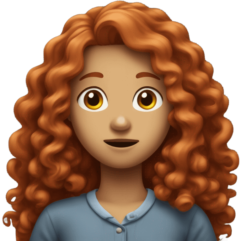 A curly red headed girl with long hair and a middle part shrugging her shoulders up to her ears as if she was saying “I don’t know” emoji