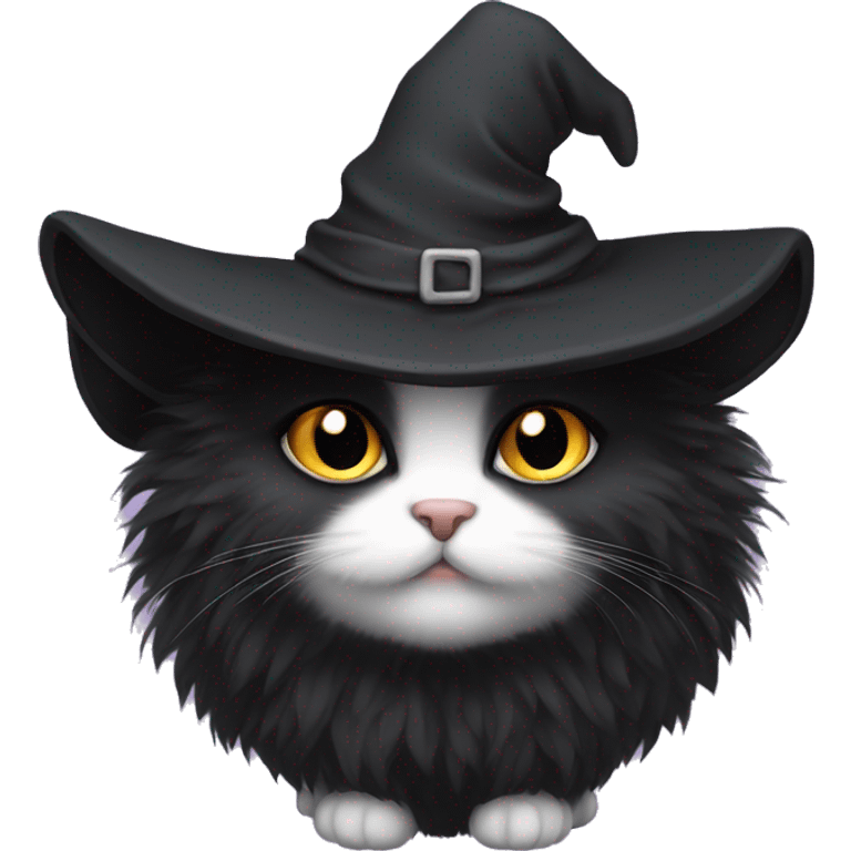 Black fluffy cute kitten with witch hat  emoji