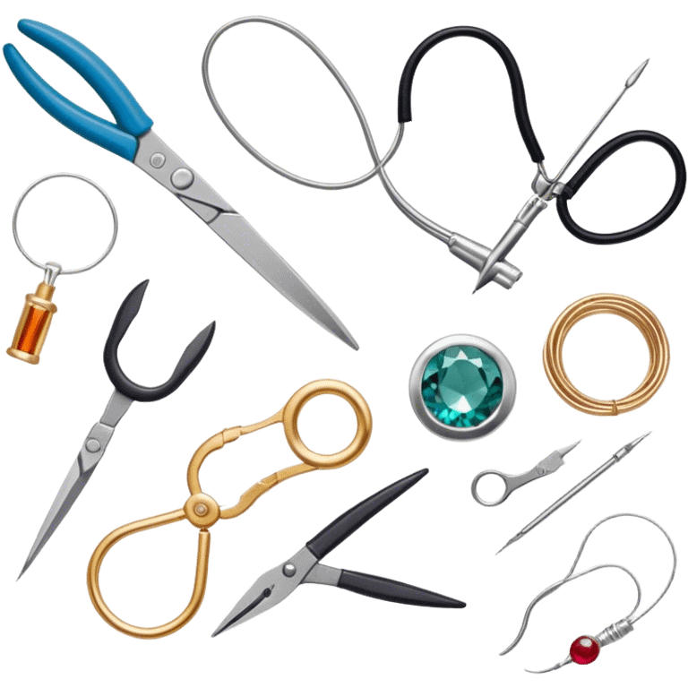 Jewelry art icon, various jewelry pieces like rings, necklaces, and bracelets in progress, visible tools such as pliers, gemstone, wire, and soldering equipment, minimalistic style, clean lines, transparent background. emoji