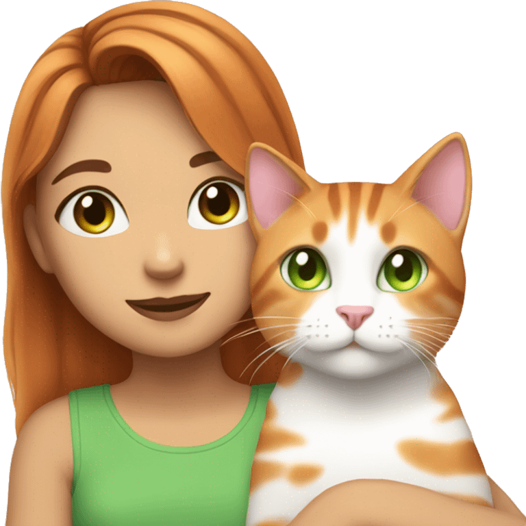 girl with brown hair and green eyes wearing a pink tank top cuddling a orange and white tabby cat with green eyes emoji