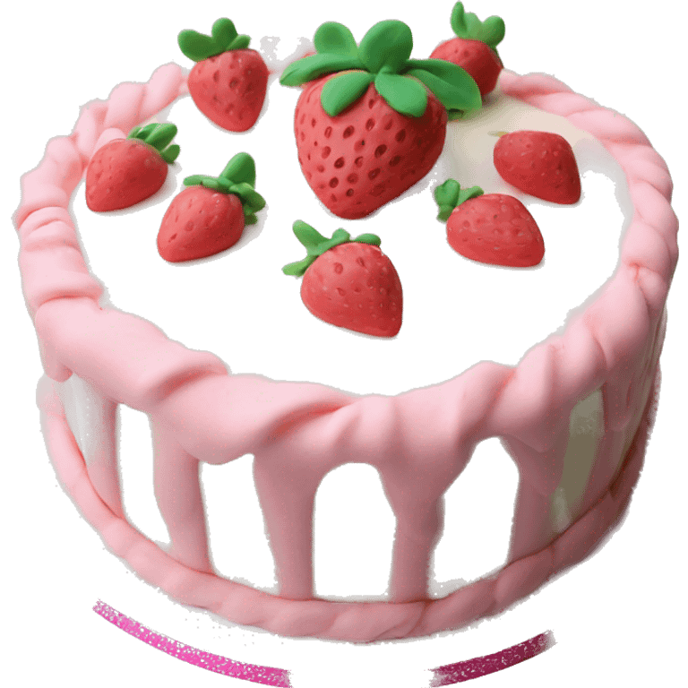 Light Pink strawberries and cream birthday cake with in bow emoji