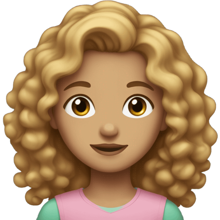 Girl with light brown curly hair, Blue/green eyes, a light tan and a pink shirt emoji