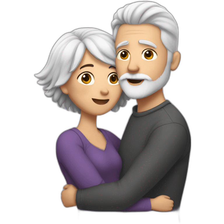 Man with gray hair and white beard hugs woman with dark brown hair with floating hearts emoji