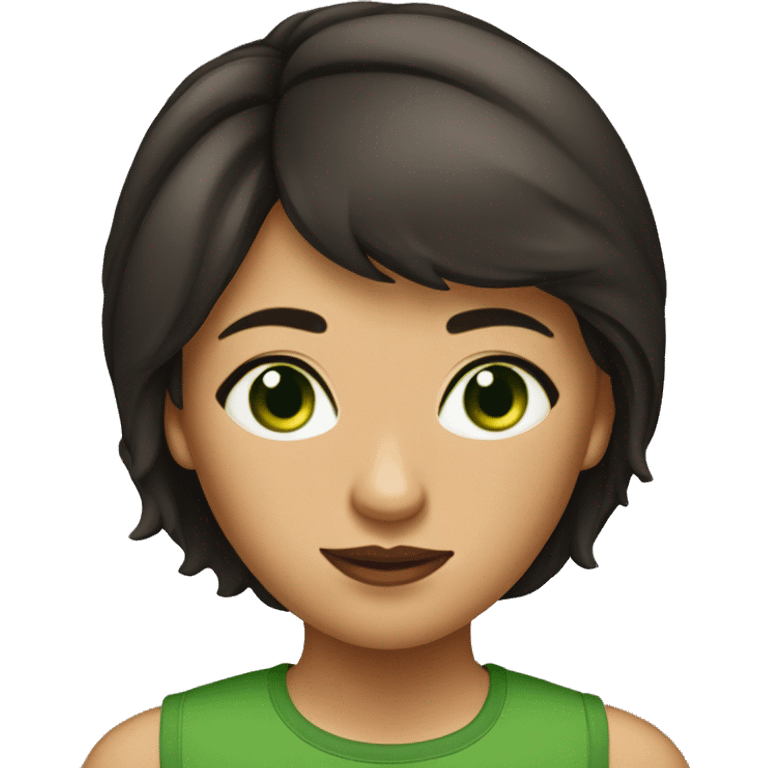 brune lady with short hair, face angle, green eyes with black tank top. emoji