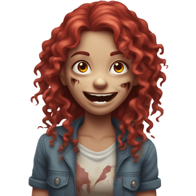 Happy zombie girl red long curly hair with both hands in the air emoji