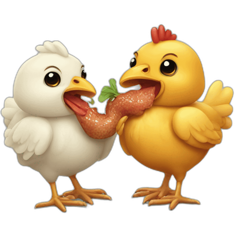 two chickens eating a worm emoji